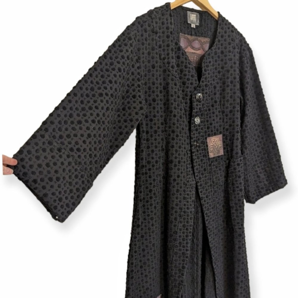 Vtg Blue Fish Black Cotton Chenille Dot Lagenlook Duster Art Patch Longline Coat - Picture 4 of 16